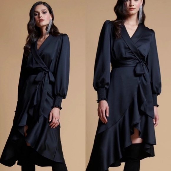 NWT Rachel Parcell Black Satin Wrap Ruffle Dress - Picture 2 of 13